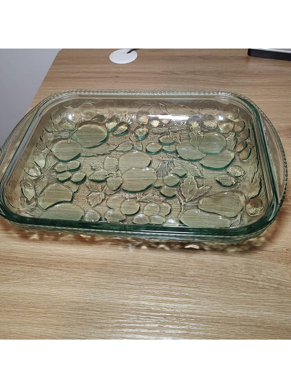 12 Inch Green Glass 3D Fruit Casserole Dish Vintage Unique Kitchen